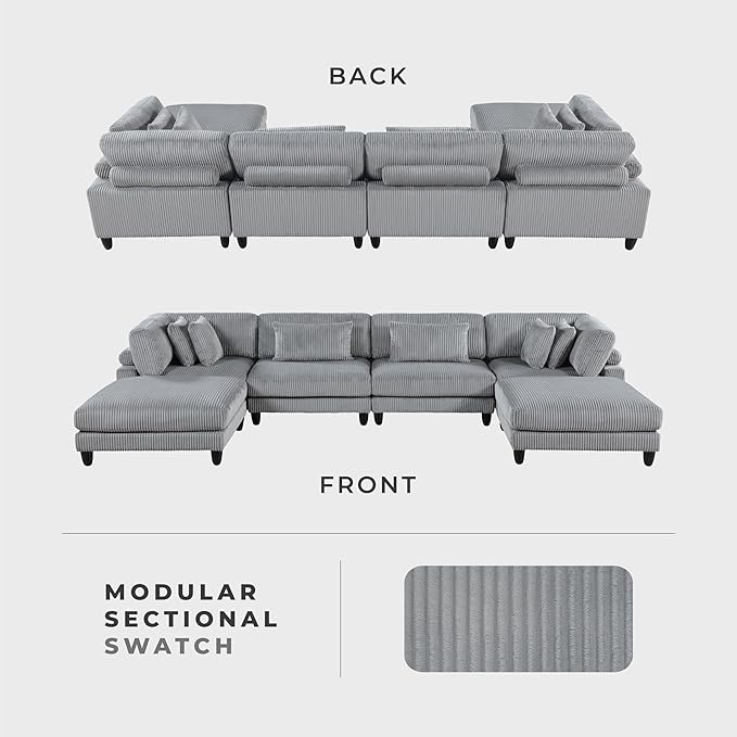 Lexicon 160 Inch Modular Sectional Sofa - Oversized 6 Seater Corduroy U Shaped Sectional Couch, 6 Accent Pillows, and Flexible Arrangement for Modern Living Rooms, Gray