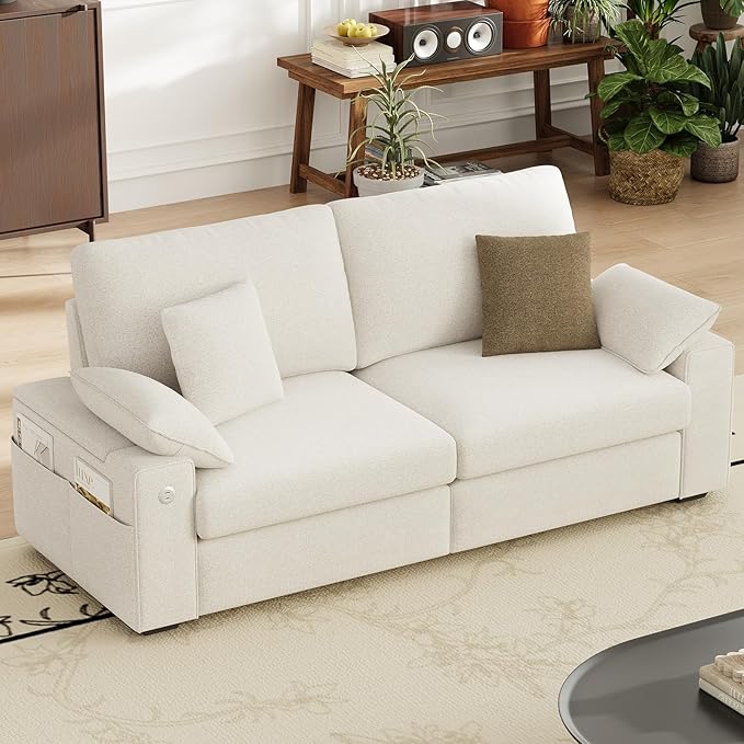 76" Loveseat Couch, 3 Seater Upholstered Midcentury Mondern Love Seat with USB Type C Ports, 4 Pillows and Storage Armrest Cloud Foam Sofa for Living Room/Small Spaces, Beige | Breathable material