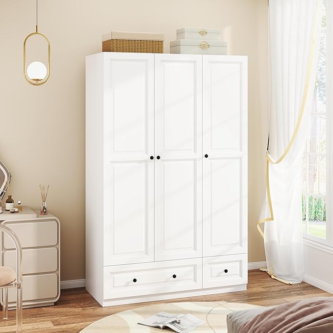 Armoire Wardrobe Closet with Drawers: 74" White Wardrobe Closet with 3 Doors, Bedroom Armoires with 2 Drawers, Wood Closets Cabinet for Hanging Clothes (White, 47")
