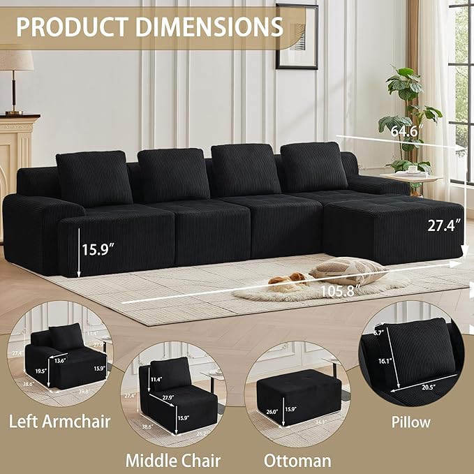 Modular Sectional Sofa with Movable Ottoman, 4 Seat Deep Seat Couch with 4 Pillows, Comfy Cloud Sectional Sofa for Living Room, Bedroom and Apartment (Black, 2 Left+2 Right+1 Ottoman)