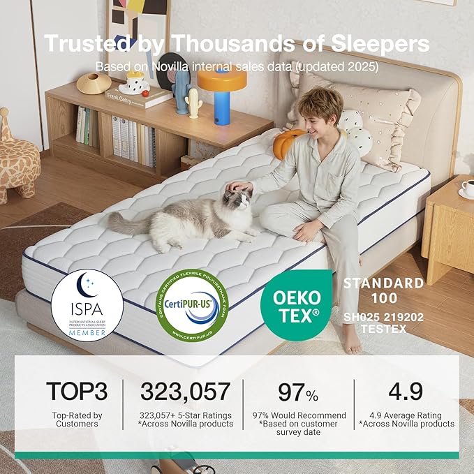 Novilla Twin XL Mattress 6 Inch,Bonnell Spring Hybrid Mattress for Spine Support & Cooling Comfort - Adaptive Foam Layer with Medium Firm- CertiPUR-US Certified for Youth/Guest Rooms