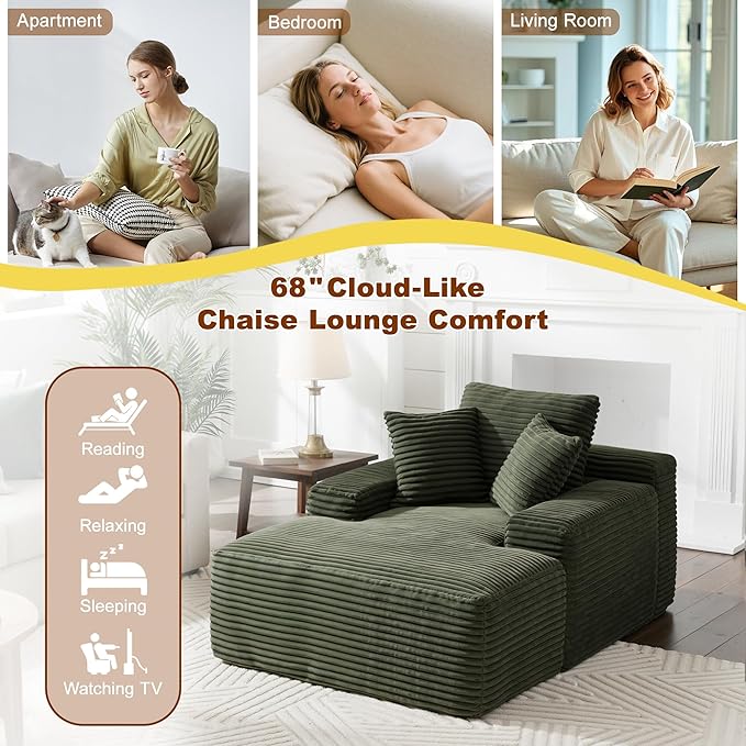 67 Inch Chaise Lounge Chair Indoor, Oversized Corduroy Upholstered Boneless Sofa Bed with Amrests and 2 Pillows Cloud Sleeper Couch Reading Chair for Living Room