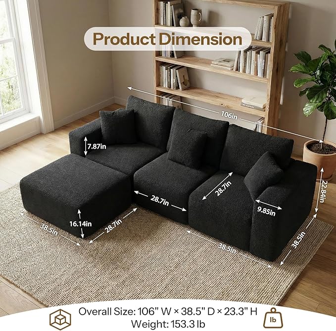 Life Balance Modular Sectional Sofa for Living Room, 106 Inch L-Shape 4-Seat Couches with Chaise, Modular Design Easy to Assemble, Cloud Soft Fabric, Black (Sherpa Fabric)