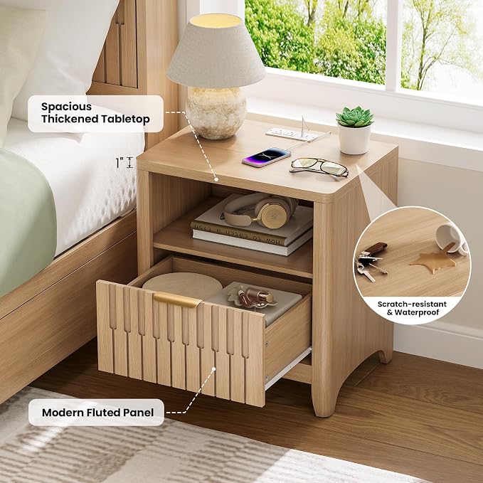 Fluted Nightstand with Charging Station, Modern Bedside Table with Storage Drawer, Open Shelf & Curved Corner, Mid Century Night Stand End Side Table for Bedroom, Natural Oak - Image 4