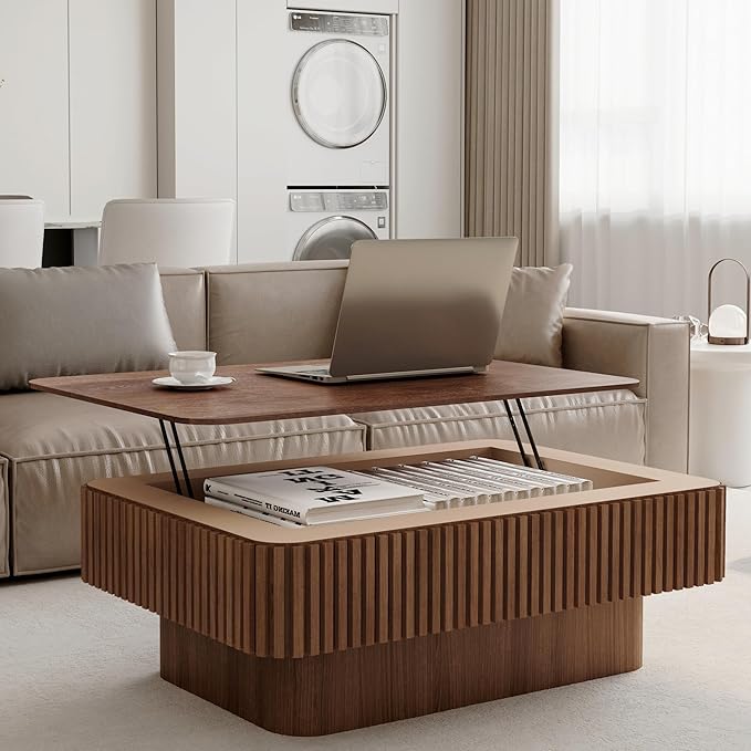Coffee Table with Lifting Top for Living Room,Mid Century Modern Wood Fluted Lift Top Coffee Tables with Storage,38.6'' Farmhouse Rectangular Lift Pull Up Tabletop for Apartment Office, Office,Walnut