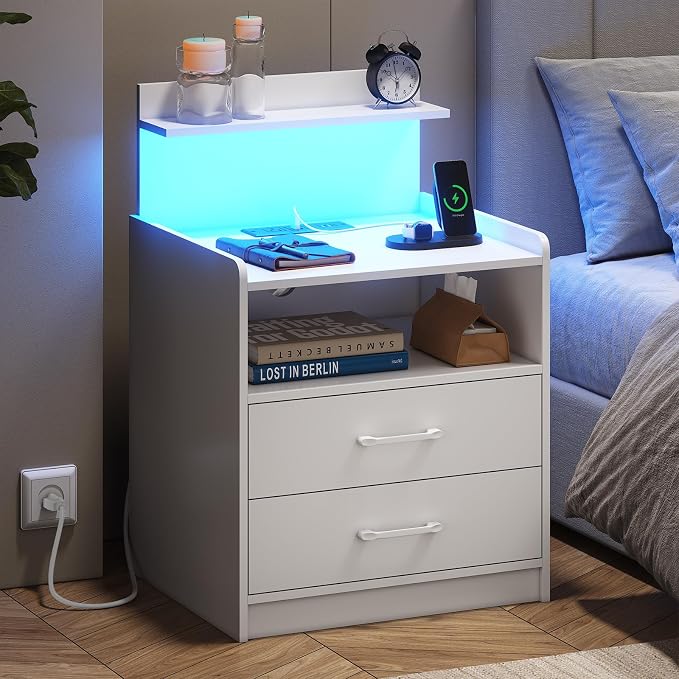 Nightstand Set of 2 with Charging Station and LED Lights, Bedside Table with 2 Drawers and Open Storage Shelf, 2 USB Ports and 2 AC Outlets, LED Night Stands for Bedroom Set of 2, White - Image 7