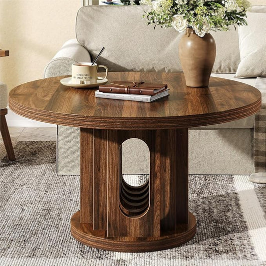 31.5" Round Coffee Table, Small Wooden Circle Center Table Hole Panel Splice Design Coffee Tables for Living Room, Thickened Edge MDF Board, Walnut