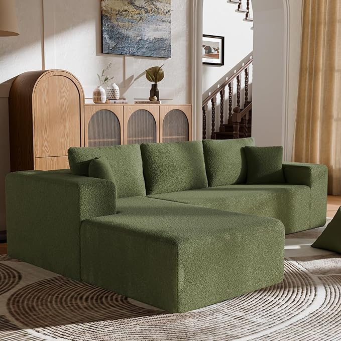 106" Modular Sectional Sofa, Green Wool Cloud Couch with Right Chaise, Deep Seat Boneless Floor Sofa for Living Room, High-Resilience Foam Support, No Assembly Required, Includes Pillows | Sectional Sofa, Corduroy Cloud, Boneless, High-Resilience, No A...