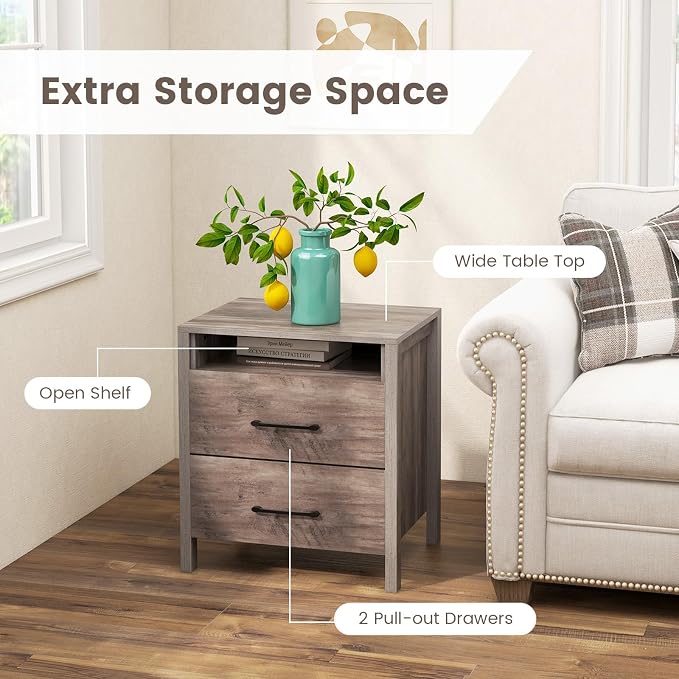 Giantex Farmhouse Nightstand Set of 2, Rustic Wood Bedside Table with 2 Storage Drawers & Open Shelf, Sofa Side Table, Versatile Night Stand for Bedroom, Grey - Image 5