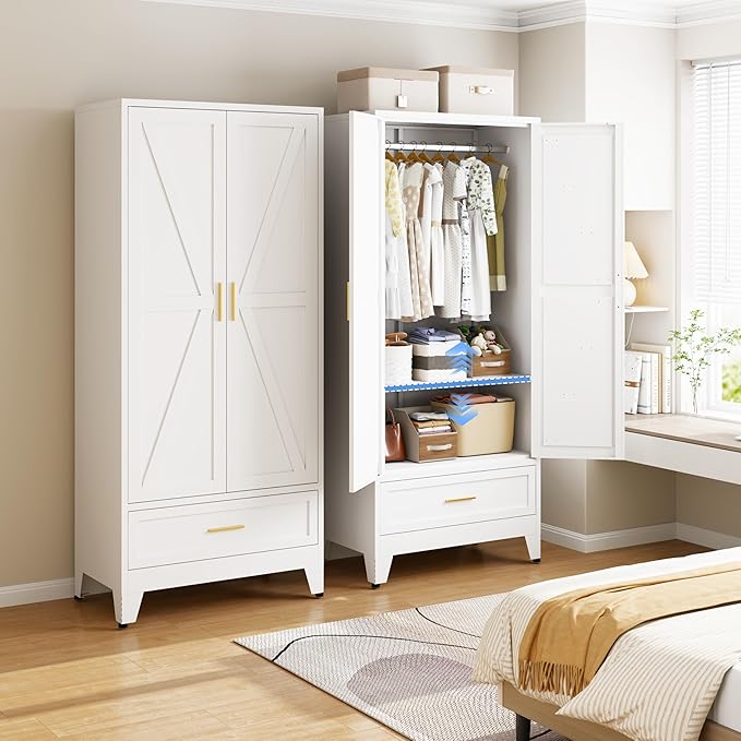Metal Armoire Wardrobe Closet with Drawers, 71" Wardrobe Cabinet with Adjustable Shelves and Hanging Rod for Bedroom, White Metal Closet Storage Cabinet with 2 Doors & 1 Drawer