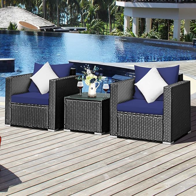 Tangkula 3 Pieces Patio Furniture Set, PE Rattan Wicker Sofa Set w/Washable Cushion and Tempered Glass Tabletop, Outdoor Conversation Furniture for Garden Poolside (Navy Blue)