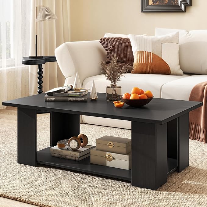 GOFLAME Coffee Table with Storage, Modern Center Table for Small Space, Accent Tea Tables for Living Room, Reception Room, Dining Room, Easy Assembly, Black