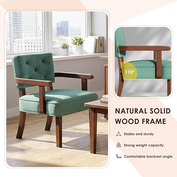 Versatile Accent Chair, Small Side Arm Chair,Mid Century Oversize Armchair,Upholstered Wooden Accent Chairs,Tufted Back,Armrest,Cushion, for Office,Waiting/Reading/Living Room, Green