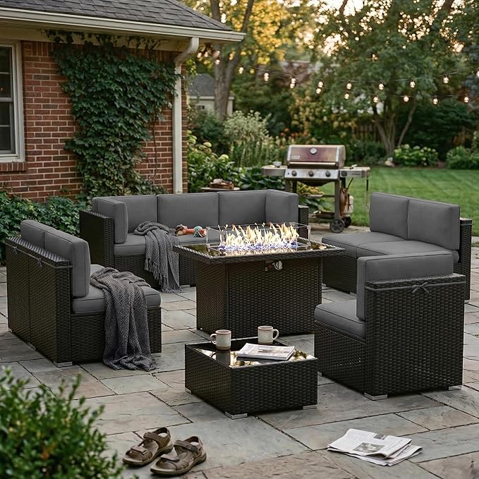 10 Pieces Patio Furniture Set with 44" Propane Gas Fire Pit Table, Outdoor Sectional Wicker Conversation Sofa Sets with Coffee Table