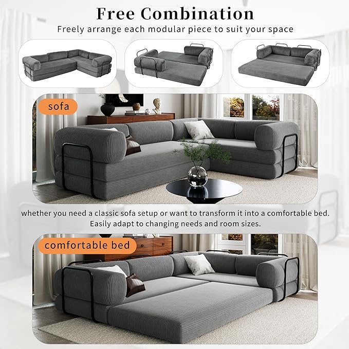 Merax L-Shaped Modular Sofa Bed in Corduroy Fabric, Convertible Sleeper Sofa Bed, 4 Seat Floor Couch for Living Rooms and Apartments, No Assembly Required, Gray