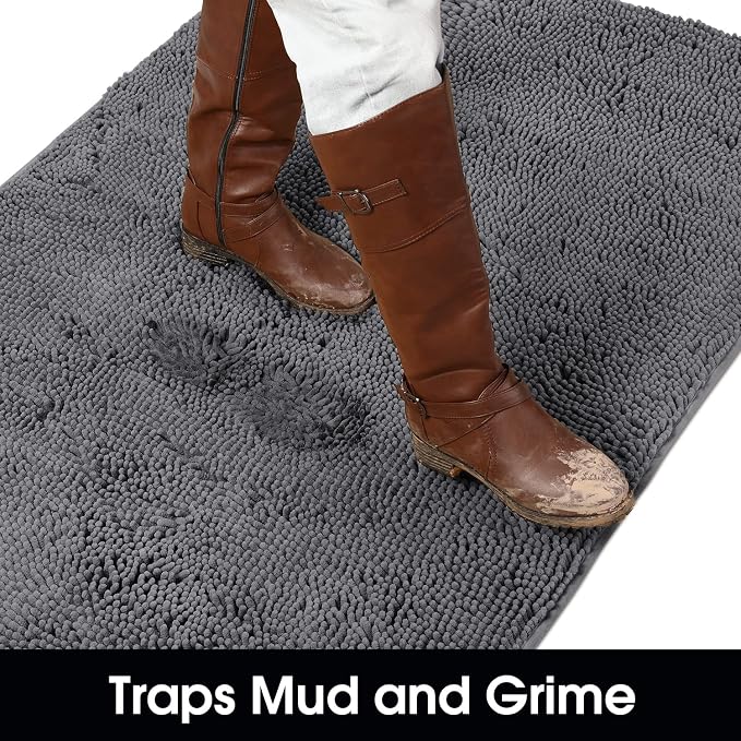 HOMEIDEAS Doormat Indoor Entrance, 36"x24", Highly Absorbent Chenille Muddy Dog Washable Non Slip Front Welcome Door Floor Mat for Entryway, Grey - Image 3