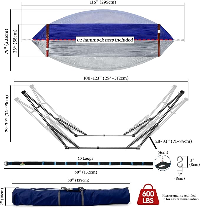 Tranquillo Combo x2 Hammocks with Stand for Outside & Tree Straps, Heavy Duty Hammock with Stand 600lbs for Indoor Outdoor Patio Backyard, x2 Hammocks for 2 Person (Combo - Blue, Medium) - Image 7