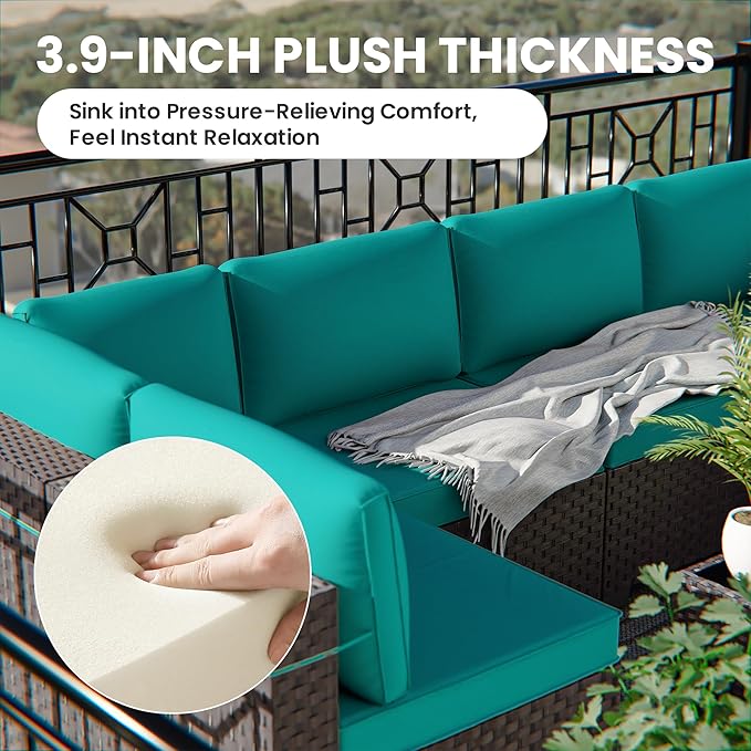 13 Pieces Outdoor Patio Furniture Set,Outdoor Sectional Furniture with 43" 55000 BTU Gas Propane Fire Pit Table,PE Rattan Wicker Patio Conversation Set with 10 Thickened Cushions,Turquoise Blue