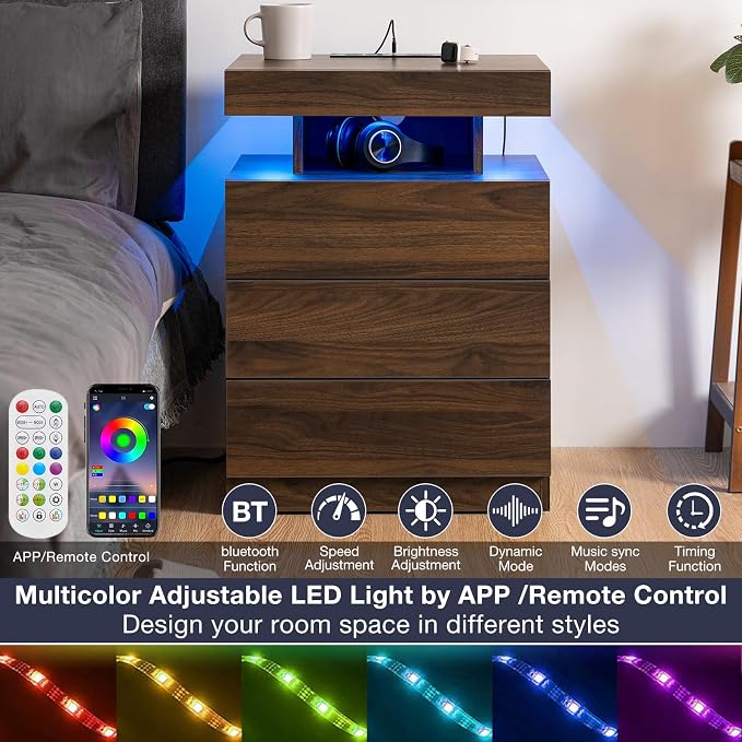 HOMMPA Set of 2 Rustic Brown Nightstands with Wireless Charger Station LED Bedside Table with 3 Drawers Walnut Wood End Table with Open Shelf Smart Nightstand Tall Night Stand with Light for Bedroom - Image 6
