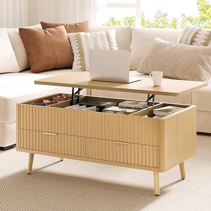 Lift Top Coffee Table with Storage - Fluted Wood Coffee Tables for Living Room with Drawers & Hidden Compartment, Mid Century Modern Square Large Center Table for Home Office, Reception