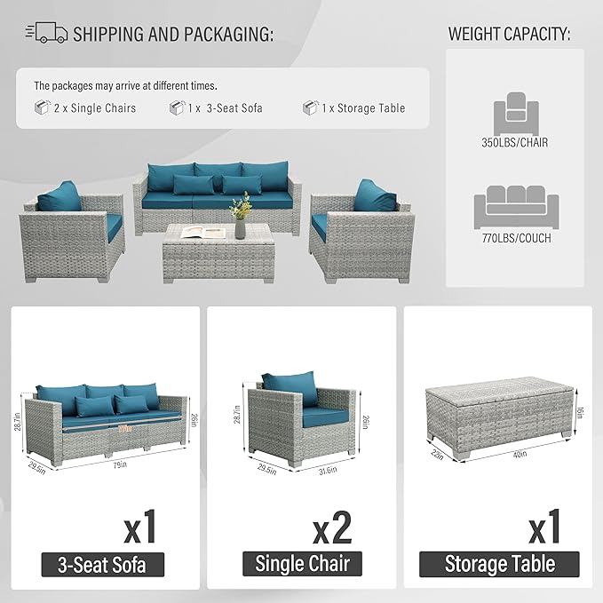 WAROOM Patio Furniture Set 4 Piece Outdoor Wicker Conversation Sets PE Rattan Couch Sectional Sofa with Storage Table, Peacock Blue Cushion
