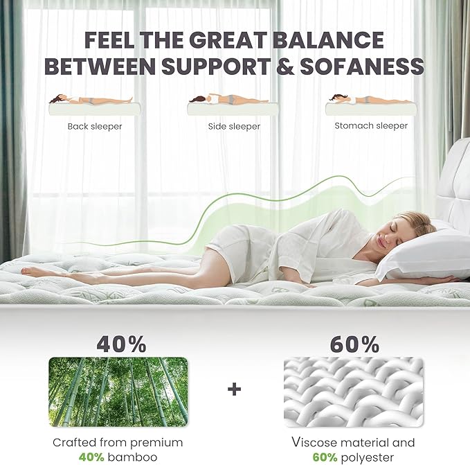 BDEUS Twin XL Mattress Topper Viscose Derived from Bamboo Extra Thick Mattress Pad, Ultra Soft Cooling Mattress Protector Cover with 21" Deep Pocket for Back Pain Relief
