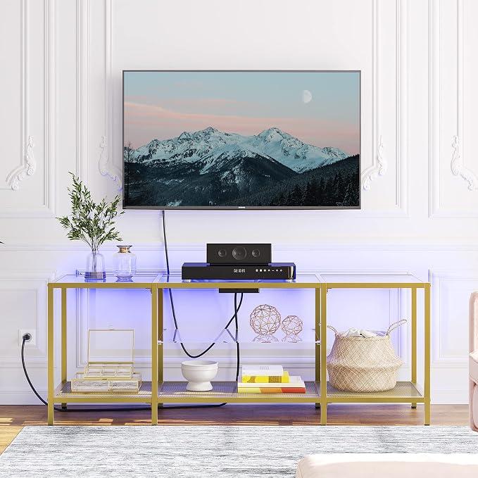HOOBRO TV Stand with LED Lights and Power Outlets for TVs up to 65", Modern 55 Inch Tempered Glass TV Console Table with Open Shelves, Media Entertainment Center for Living Room, Gold GD145UDS01 - Image 7