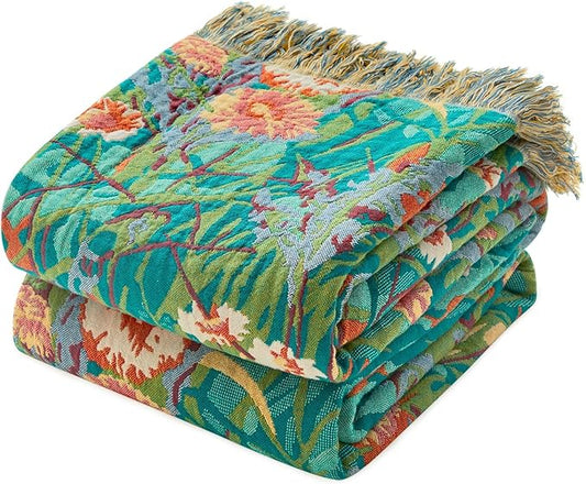 LUTBM Cotton Boho Blanket Queen Size Soft Spring Lightweight Bed Quilt Floral Embroidery Blanket for Bedroom Living Room Home Decor Reversible Blankets 90"x90"