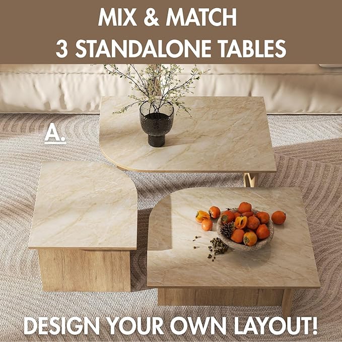 Set of 3 Nesting Coffee Tables, Modern Faux Marble Look Top Coffee Table Set with Wood Base, Versatile Stacking Accent Tables for Living Room, Small Spaces