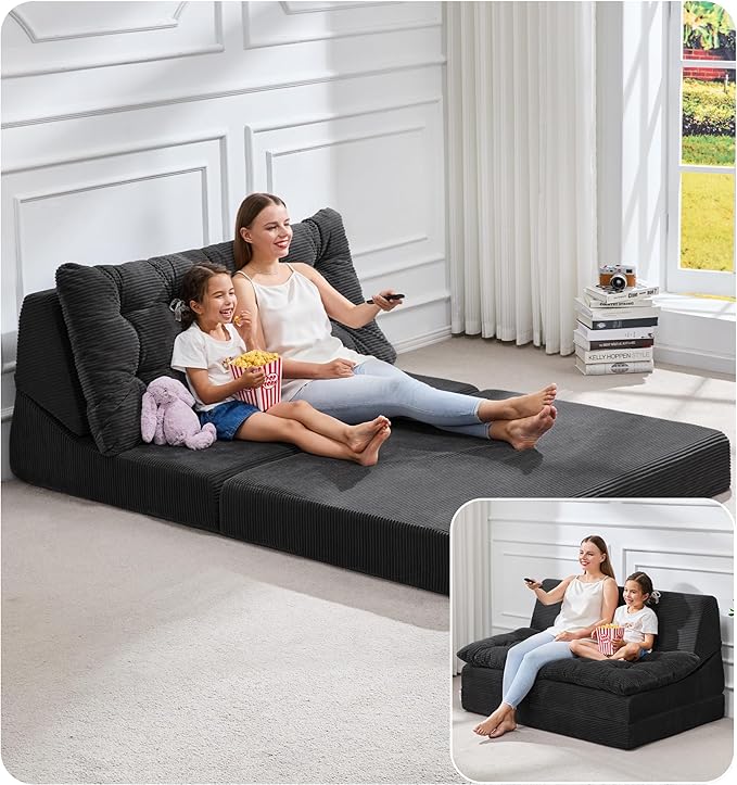 Hobestluk Sofa Couch Folding Sofa Bed Sleeper Comfy Floor Lounger Loveseat Sofa with Removable Cushion Couches Foldable Mattress for Living Room Bedroom or Office (Cordury Black, Oversize)