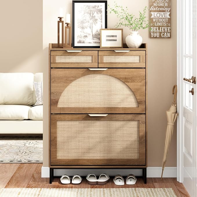 Fluted Shoe Cabinet Storage for Entryway – Narrow Shoe Rack with 2 Flip Drawers & 2 Storage Drawers, Freestanding Hidden Shoe Organizer for Foyer, Hallway (Rustic Oak Rattan) by WINWY