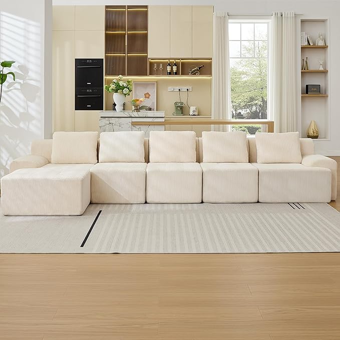 Modular Sectional Sofa, 6 Seat Modular Couch, Modular Sofa with Deep Seat and Detachable Pillow (White, 6 Pieces-L Shape)