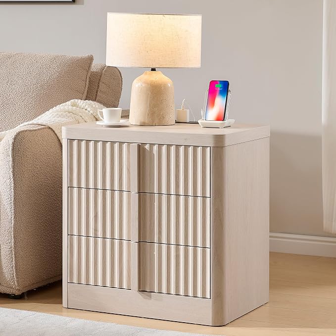 YANSNWO 23.6" Nightstand with Charging Station, Bedside Table with 3 Large Storage Drawers, Mid Century Modern Night Stand with Solid Wood Handle, End Table for Bedroom, Living Room, Closet - Image 2