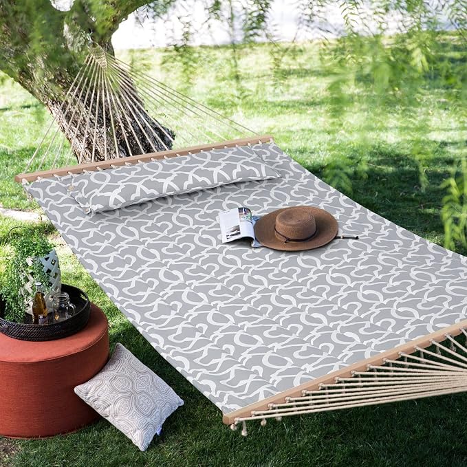 SUNCREAT Double Quilted Hammock with Hardwood Spreader Bar, Extra Large Soft Pillow, Heavy Duty 2 Person Hammock for Indoor, Outdoor, Grey Pattern - Image 7
