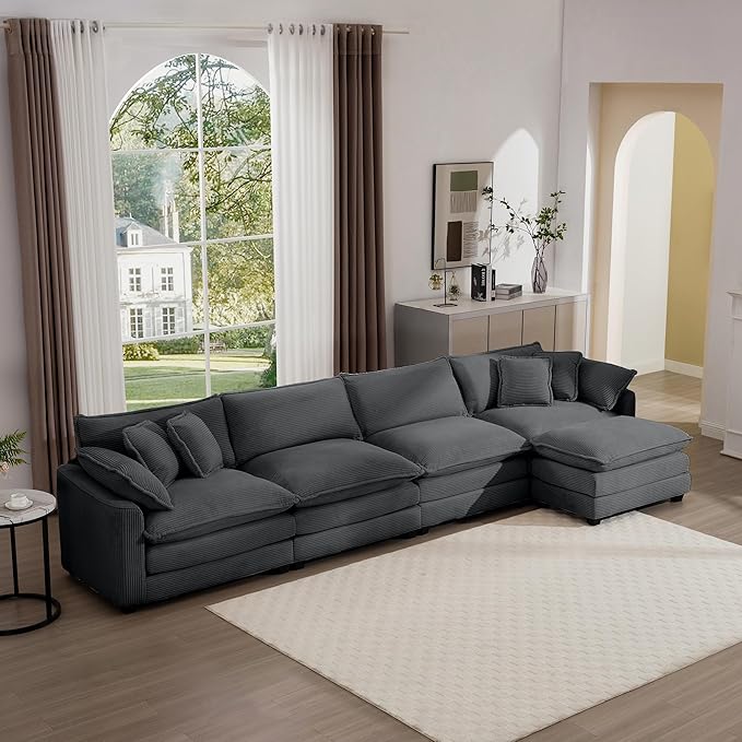 KEIKI 150" L-Shaped Oversized Corduroy Modular Sectional Sofa with 1 Ottoman, High-Density Foam Cushions, Removable Armrests, Upholstered 4-Seater Corner Couch with 6 Pillow, for Living Room, Grey