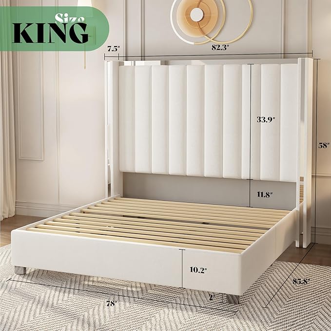 AMERLIFE 5-Piece Modern Bedroom Sets with King Size Upholstered Platform Bed Frame, 58" Wingback Headboard, Spacious 6-Drawer Dresser, Tall Chest, and 2 Coordinated Nightstands, Cream and Grey