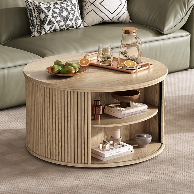 Round Lift Top Coffee Table, 31.5” Mid Century Modern Center Table with Hidden Storage, Fluted Circle Coffee Tables for Living Room, Home Office, Oak