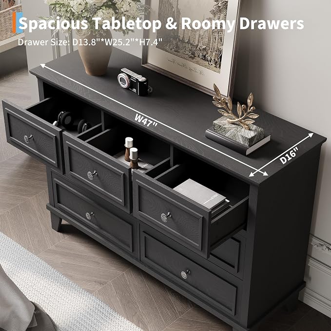 GAOMON Black Dresser, 7 Drawer Dresser for Bedroom, 47" W Chest of Drawers with Deep Drawers, Closet Dressers with Metal Handle, Thickened Desktop, Wood Rustic Drawers for Hallway, Entryway, Closet - Image 4
