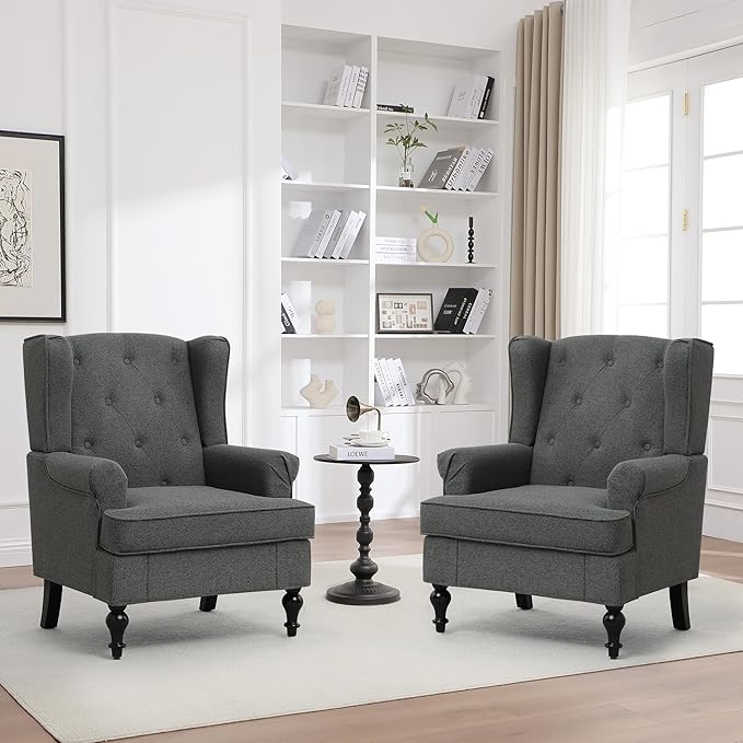 Accent Chair Set of 2, Mid Century Modern Fabric Wingback Chair, Upholstered Armchair with High Back and Vintage Legs, Comfy Single Sofa Side Reading Chair for Living Room Bedroom, Dark Grey