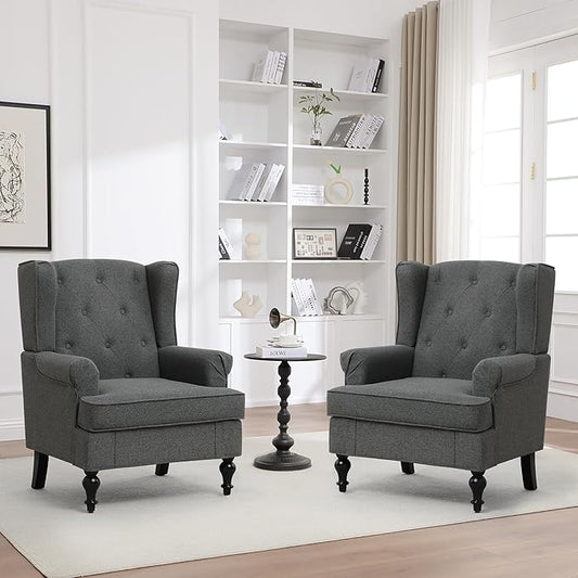 Accent Chair Set of 2, Mid Century Modern Fabric Wingback Chair, Upholstered Armchair with High Back and Vintage Legs, Comfy Single Sofa Side Reading Chair for Living Room Bedroom, Dark Grey