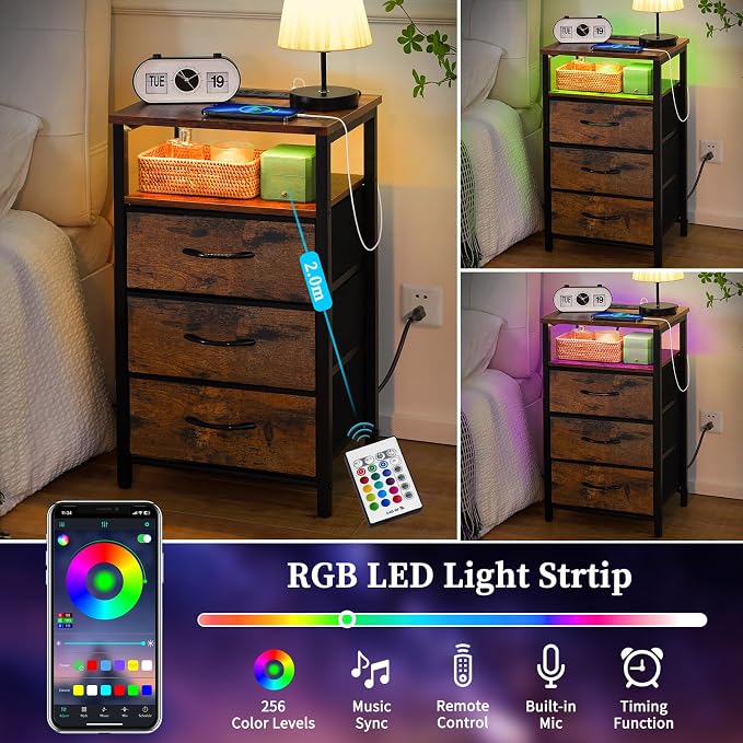 Yoobure Night Stand with Charging Station, 16 Colors LED Nightstand with USB Ports and Outlets, 3 Fabric Drawers and Storage Shelf, Bedside Tables Small Dresser for Small Space, Red Brown - Image 4