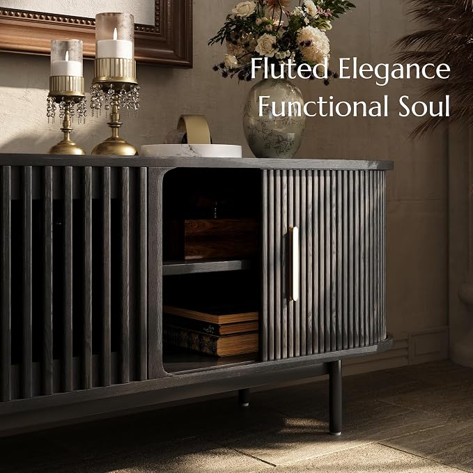 POVISON Fully-Assembled Mid Century Modern TV Stand, Sliding Tambour Door Entertainment Center with Storage, Wood TV Console, Media Console for Living Room Bedroom(Black, 78.74") - Image 7