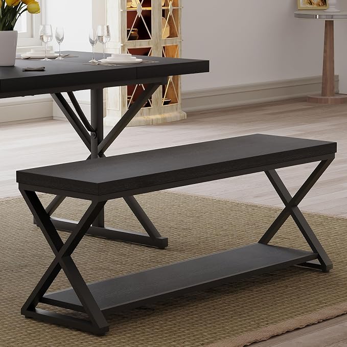 IBF Black Bench, Modern Entryway Bench for Bedroom, Wood Metal Storage Hallway Bench for Dining Living Room, Farmhouse Shoe Rack Indoor Accent Seating Bench for Foyer Entrance, Black Oak, 47 Inch Long - Image 8