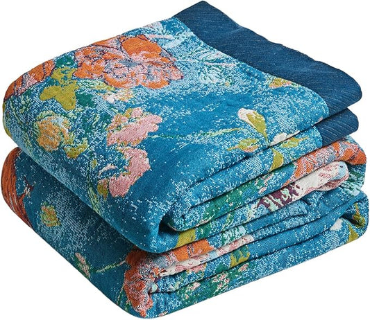LUTBM Boho Throw Blanket for Couch Sofa Chair Cotton Spring Blankets for Bedroom Living Room All Season Lightweight Reversible Floral Birds Embroidery Throws 50"x60"