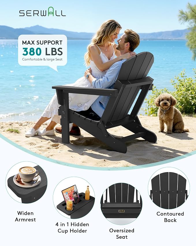 SERWALL Folding Adirondack Chair, Patio Adirondack Chairs with 4 in 1 Cup Holder Trays, All Weather Fire Pit Chair for Outdoor, Garden - Black - Image 6