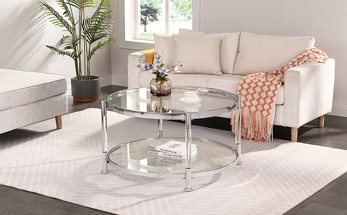 32" Tempered Glass Round Coffee Table Modern Chrome Frame Acrylic Legs Circle Living Room Center Tables