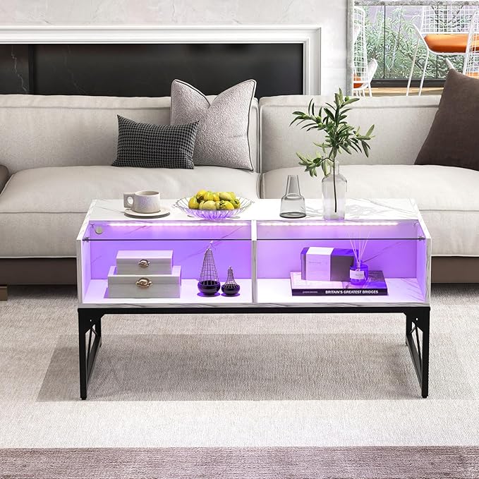 Giantex LED Coffee Table, High Gloss Coffee Tables with 4 Storage Cubes, 20-Color Lights, Remote Control, Faux Marble & Tempered Glass Top, Modern Accent Rectangle Center Table for Living Room (White)
