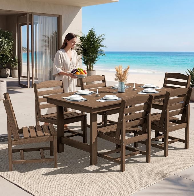 SERWALL Patio Dining Sets for 6 Person, HDPE Dining Set with 6 Armless Chairs, Brown - Image 3