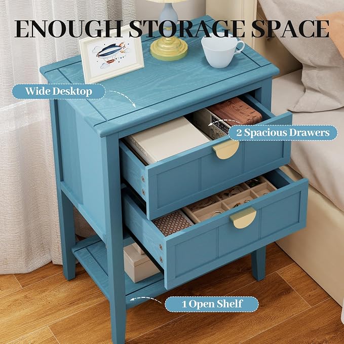 Blue Wood Nightstand with 2 Drawers and Open Shelf, Modern Bedside Table with Solid Wood Frame and Golden Handles, Narrow Wooden Side Table for Bedroom, 2 PC - Image 4
