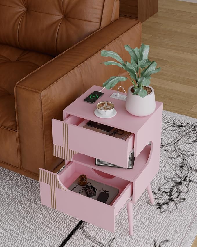 JOONEE White Nightstand with Charging Station and LED Lights,Modern Bedside Table with 2 Storage Drawer,Night Stand with Solid Wood Legs,White (Pink) - Image 6